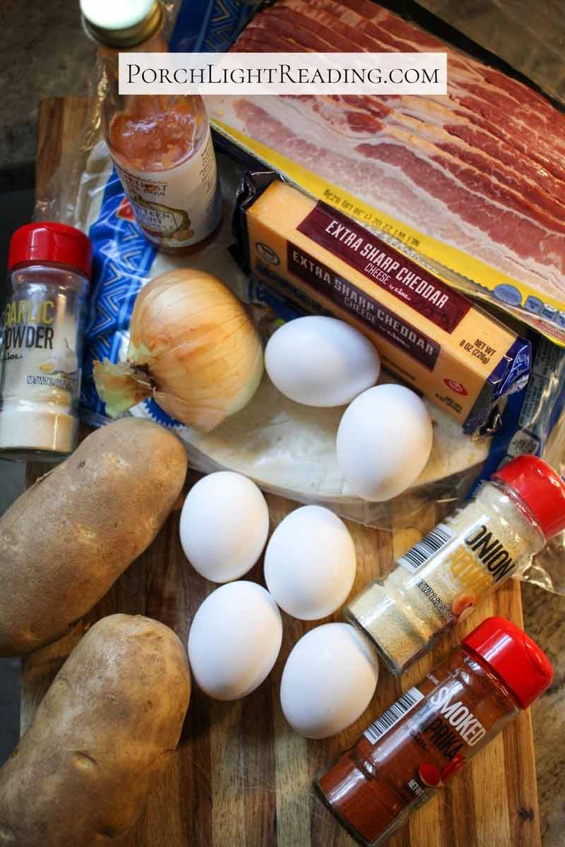 Ingredients needed for homemade breakfast burritos.