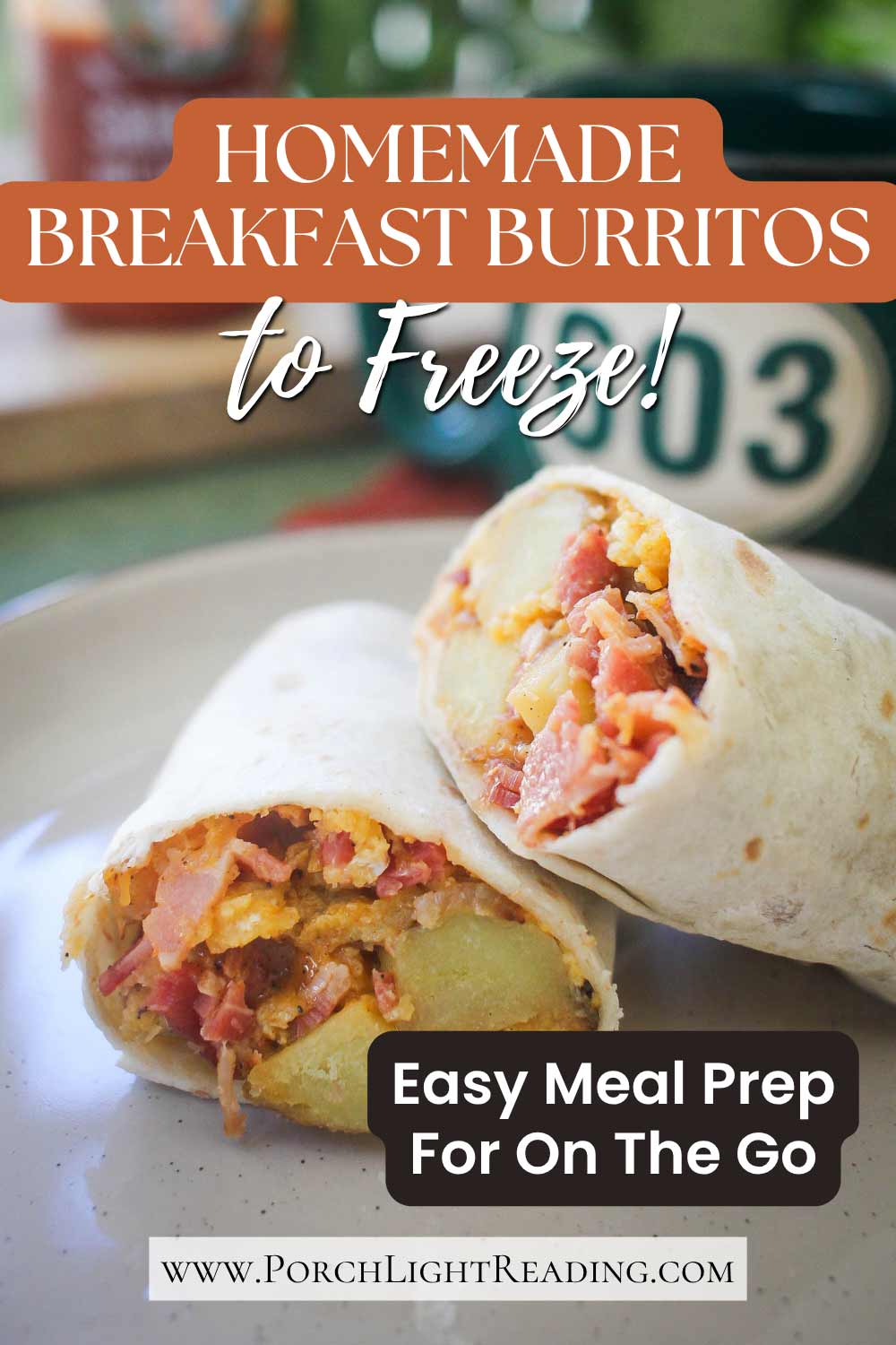 Homemade freezer breakfast burritos Pinterest Pin for social sharing.