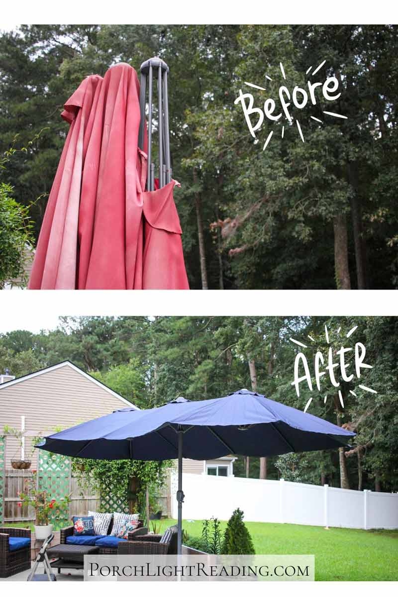 Before and after. Red ripped umbrella to new blue canopy.