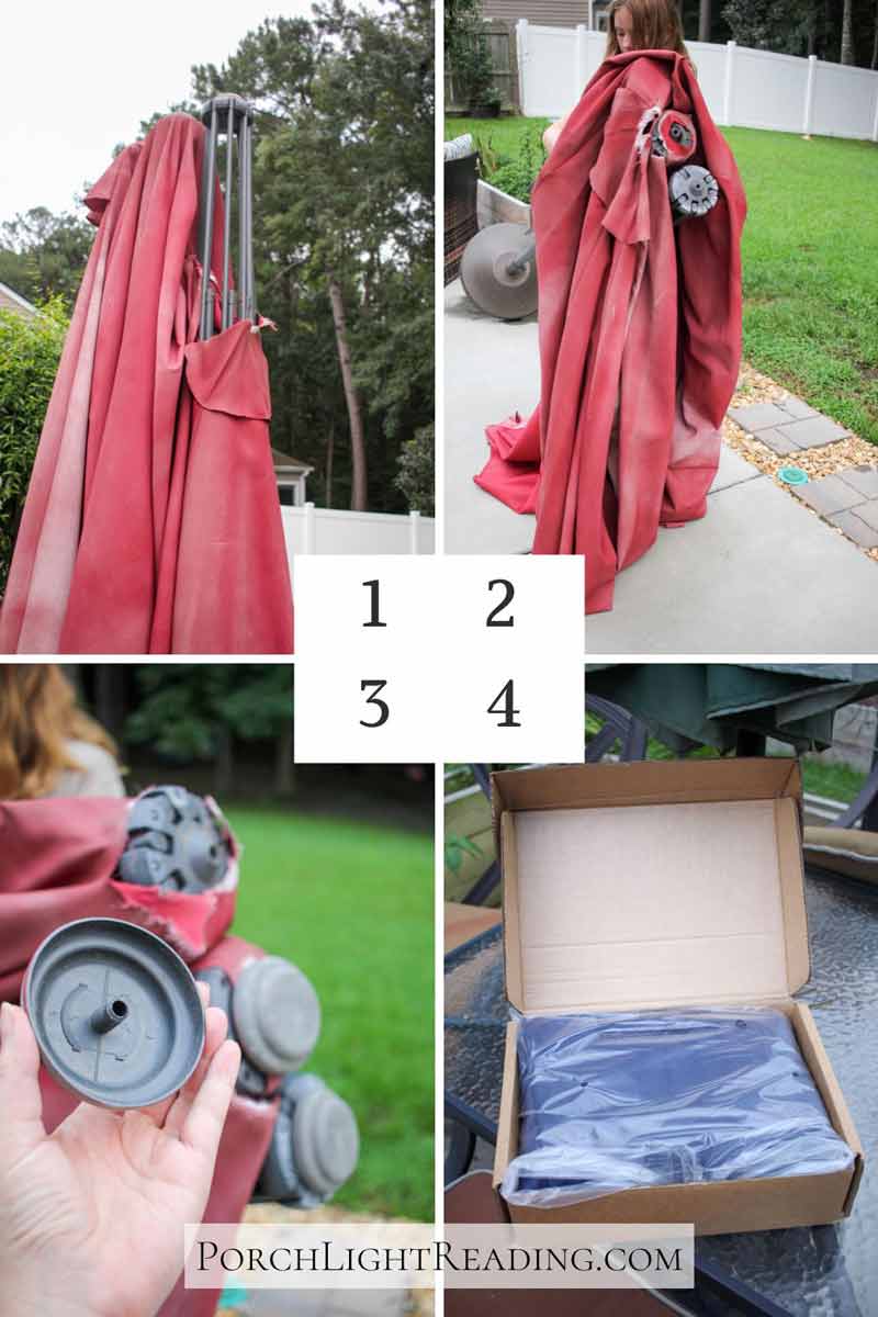 Steps 1-4 on how to replace your umbrella canopy. Remove old canopy by unscrewing the top.