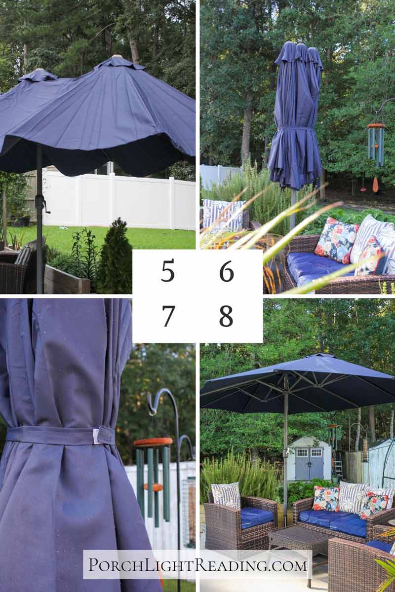 Steps 5-8 of replacing an umbrella canopy.