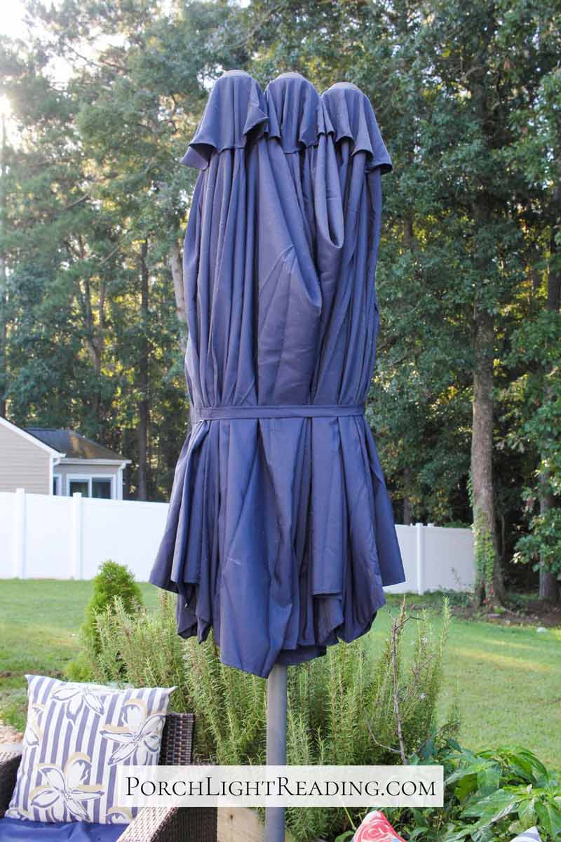 Closed blue umbrella in the back garden.